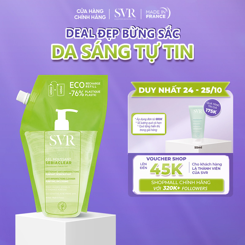 Gel rửa mặt cho da dầu mụn, không chứa xà phòng SVR Sebiaclear Gel Moussant Refill 400ML