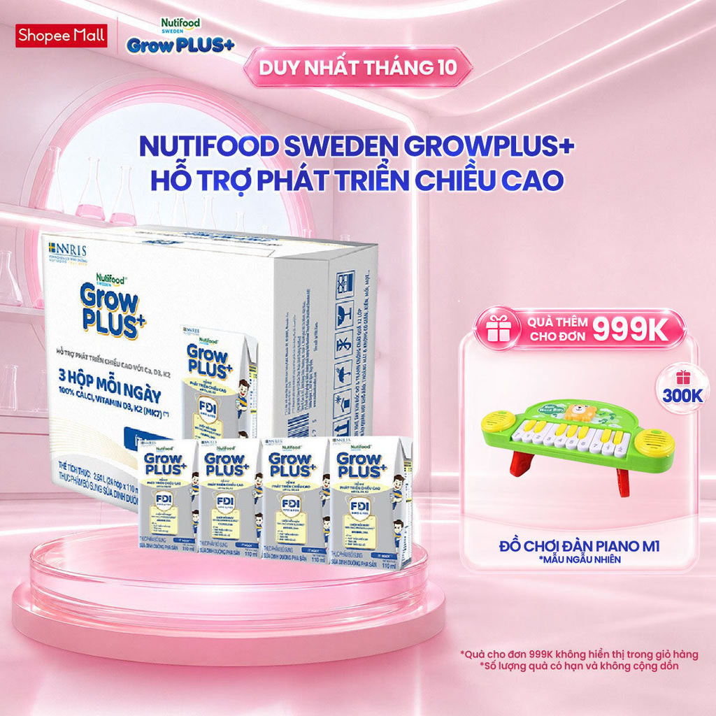 Thùng 24 hộp Sữa Bột Pha Sẵn Nutifood Sweden GrowPLUS+ Cao lớn vượt trội hộp 110 ml