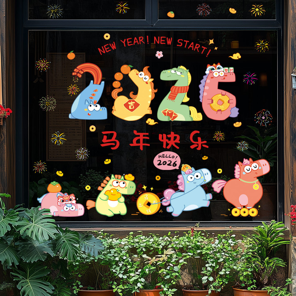 2026 Năm Ngựa Hoạt Hình Dễ Thương Năm Mới Cửa Sổ Lưới Tản Nhiệt Trung Tâm Mua Sắm Cửa Sổ Kính Trang Trí Cửa Dán Tĩnh Miếng Dán Cửa Sổ Tết Nguyên Đán 25.9.9