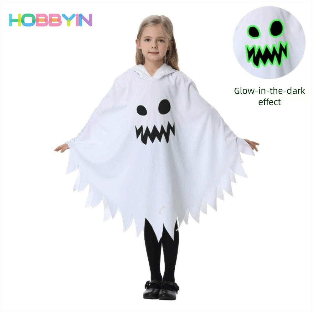 Hood Cape cosplayGhost, thiết kế khuôn mặt ma và phát sáng trong bóng tối, bộ đồ Halloween màu đen trắng dành cho bé trai