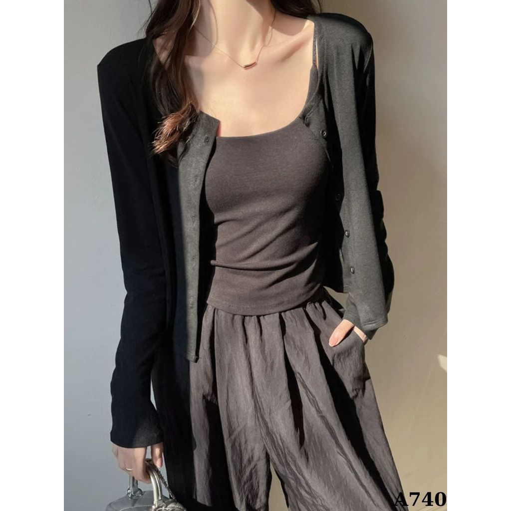 Áo Khoác Cardigan Nữ Basic Trơn Dáng Dài Có Cúc Cotton Mịn Nhiều Màu Hằng Ngày_A740