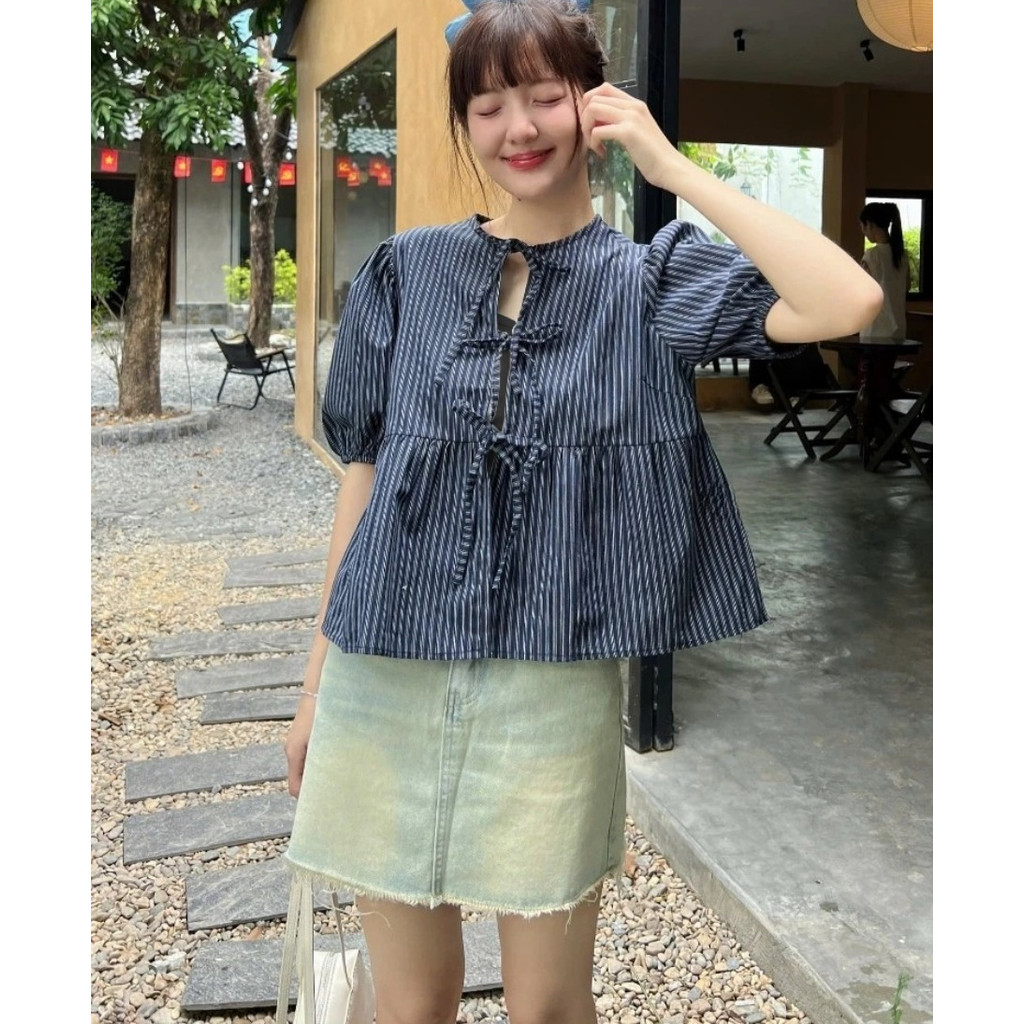 (Tặng kèm áo 2 dây) Áo Babydoll Kẻ Buộc Nơ Tay Phồng, Áo Kiểu Nữ Tay Bồng_A523