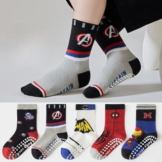 (2-9 tuổi) Set 5 Đôi Tất Chống Trơn Cho Bé Trai – Cotton Dày Dặn – Phong Cách Super Man