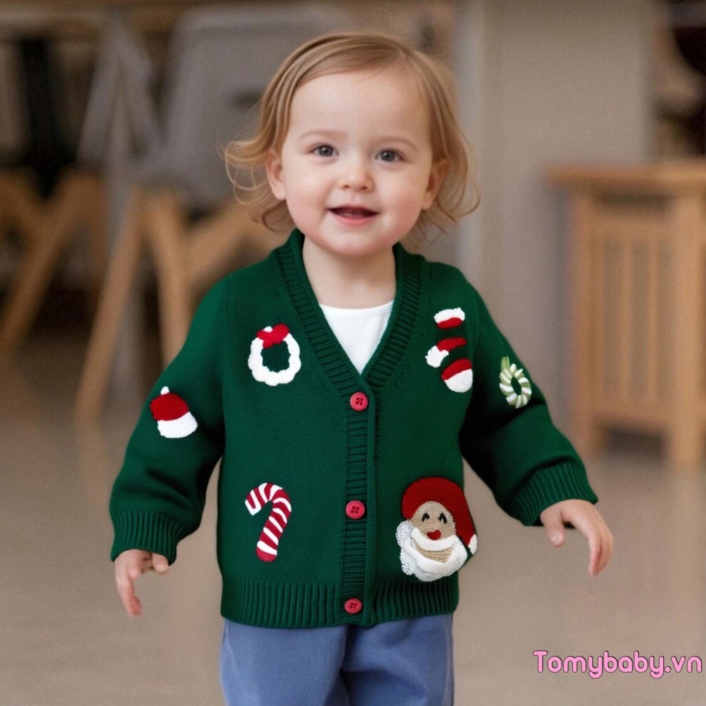 Áo len Cardigan Giáng sinh cho bé Santa Candy Cane Vòng hoa Nút xuống cổ chữ V Áo dệt kim dài tay