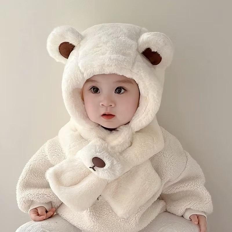 Mũ Gấu Kèm Khăn Cho Bé Dễ Thương Nhiều Màu Tai Gấu Cho Bé Từ 1Y-7Y Mùa Đông Ấm Áp 46-52 cm MB32