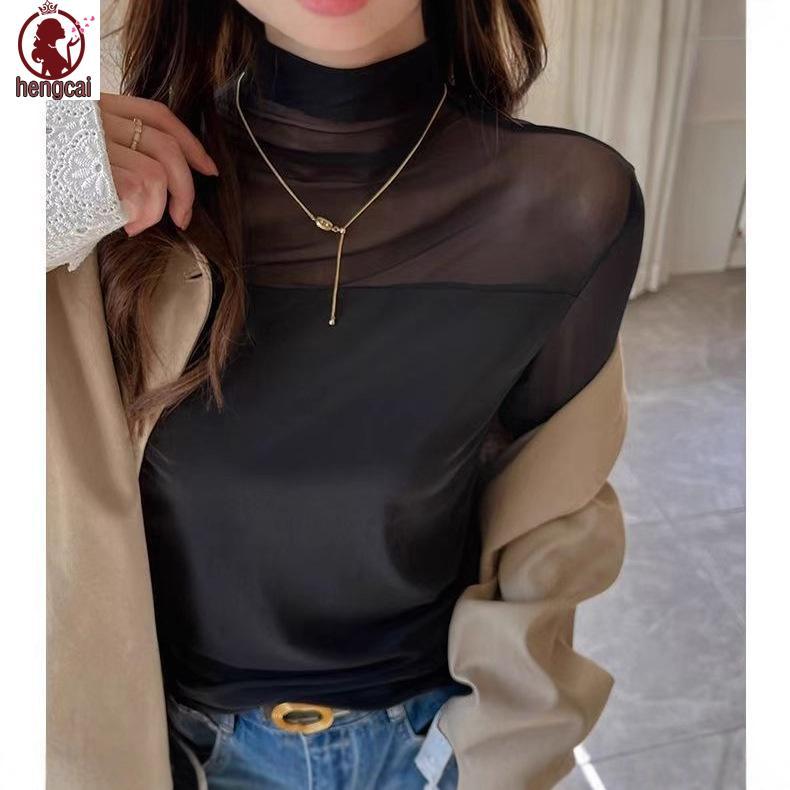 Áo sơ mi lưới ren cổ cao nửa cổ - Thời trang thu
