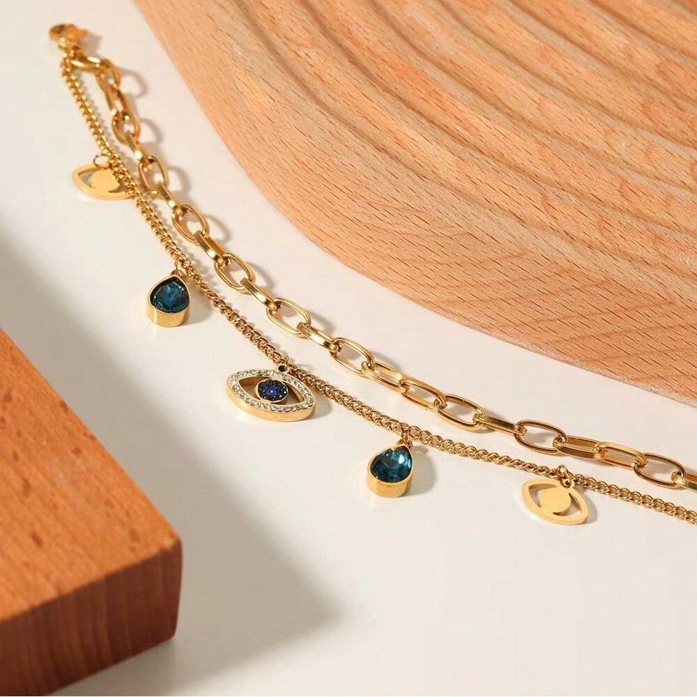 Vòng đeo tay mắt quỷ bằng thép titan mạ vàng 18K Nữ kim cương xanh phù hợp chống phai màu không gây dị ứng