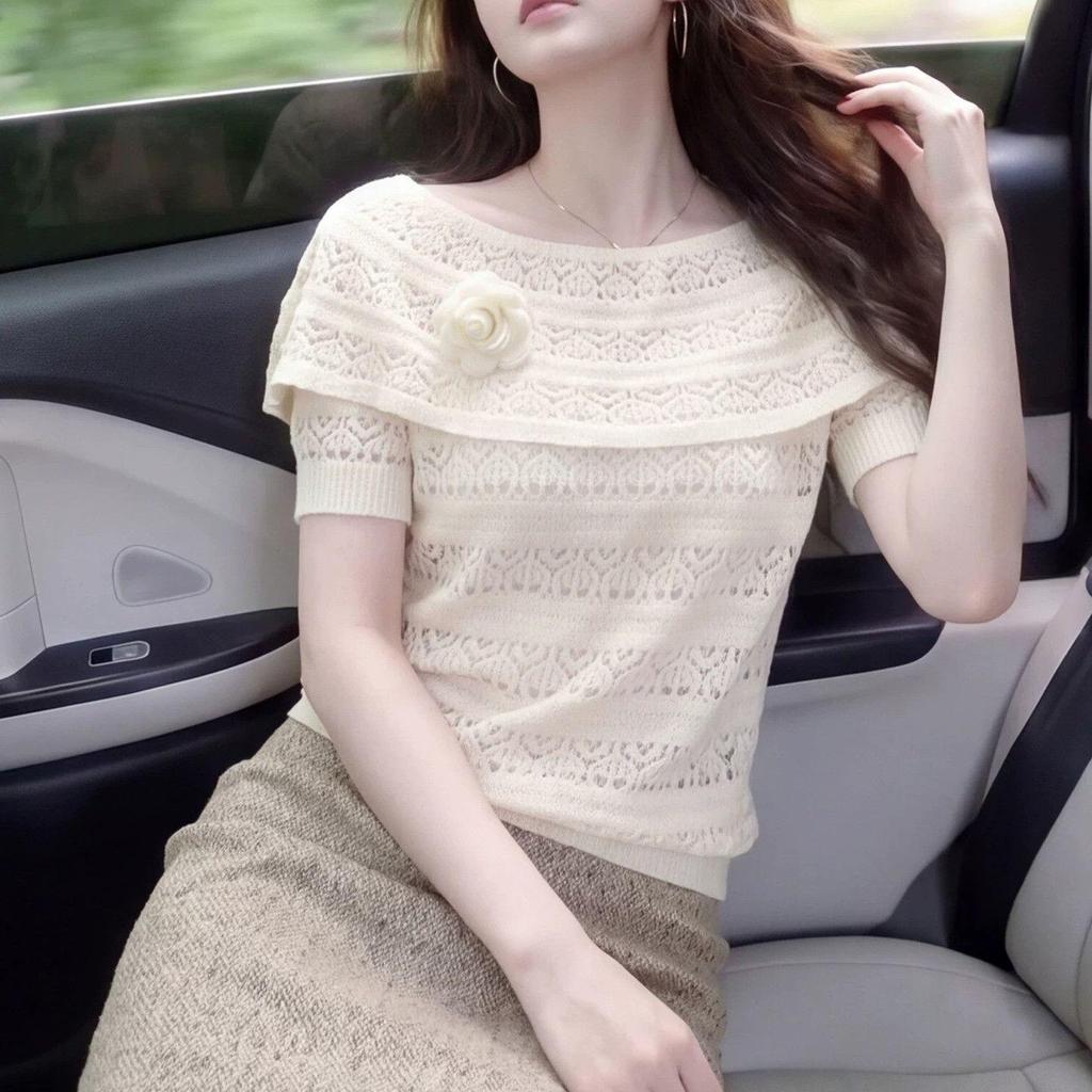 [Seckill trong thời gian có hạn] Phong cách Hàn Quốc Áo thun ngắn tay dệt kim ren cổ một dòng phong cách Hàn Quốc dành cho nữ Mùa hè Phong cách mới Slim-Fit Slimmer Look Design Top