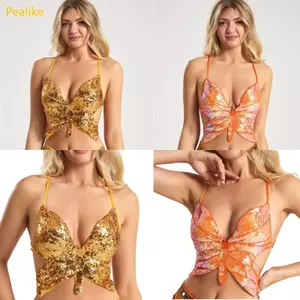 Pealike Nữ Bướm Kim Sa Lấp Lánh Camisole Crop Strappy Backless Lễ Hội Âm Nhạc Áo Vest