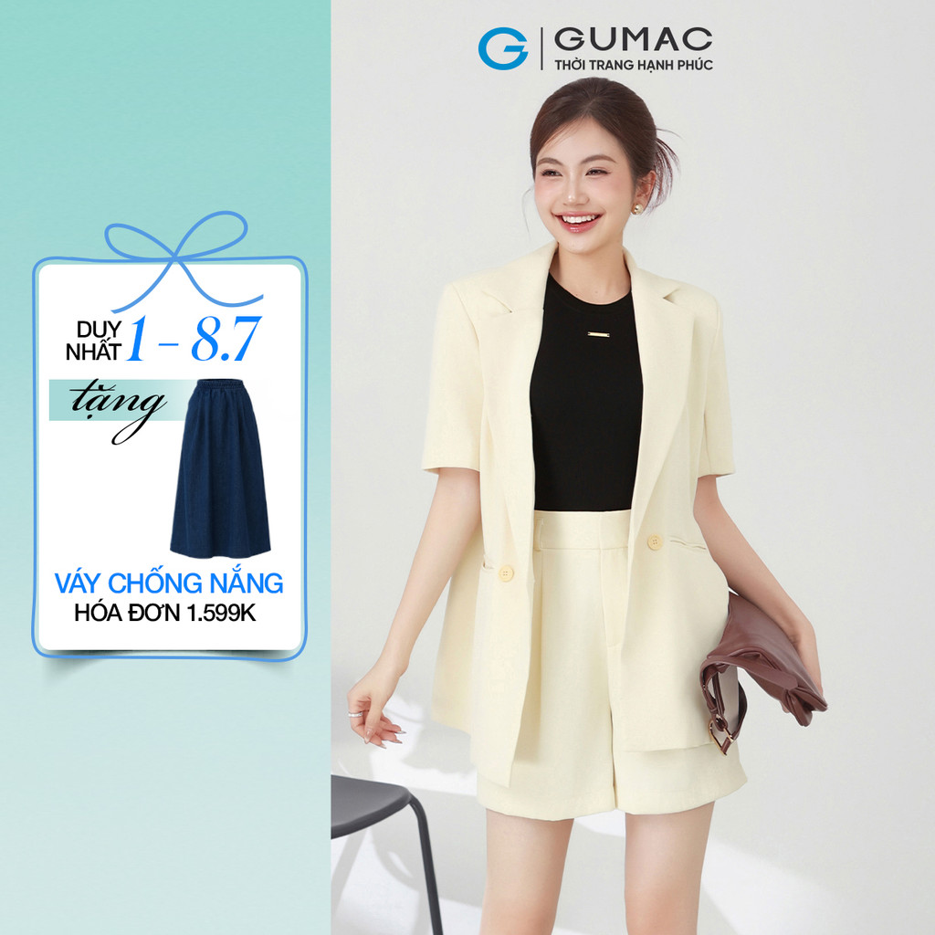 Set Lẻ Áo Khoác Blazer Nữ GUMAC Nút Gỗ Thanh Lịch OWF03028 Phối Quần Shorts Nữ Chiết Ly Thời Trang SHF03037