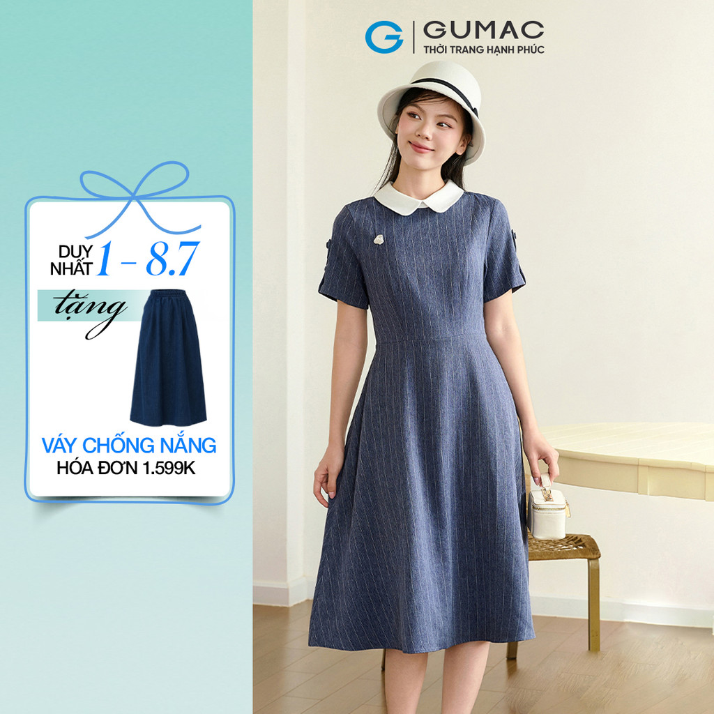 Đầm nữ GUMAC phối cổ đính nút  DF11002