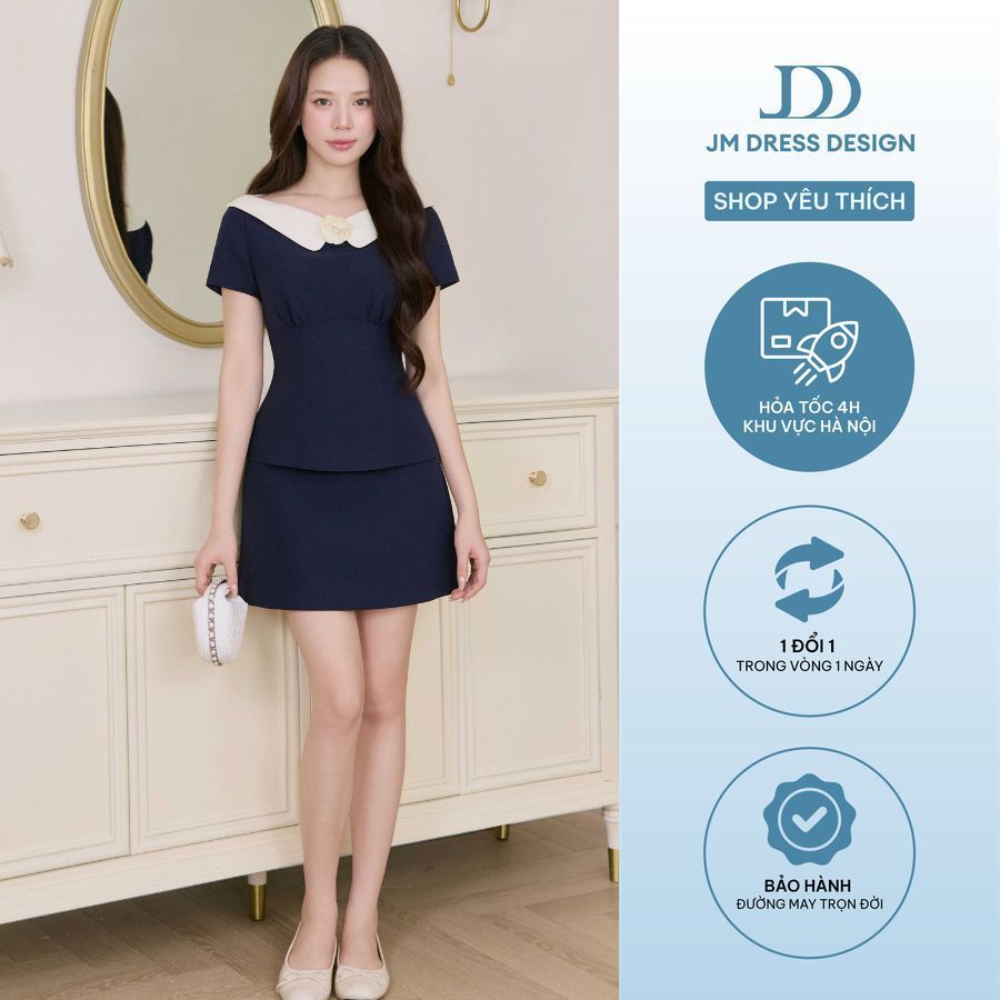 Set Đồ Áo Nhún Chân Ngực Cổ Ngang 2T28.2604, Chân Váy Ngắn Dáng Chữ A 4S11.2604. Set Đồ Nữ Tiểu Thư Công Sở Thanh Lịch