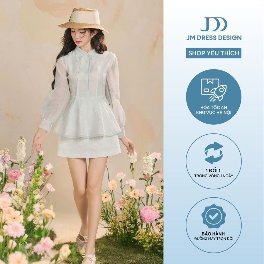 Set bộ Áo sơ mi cổ đức đính nơ 2R06.2503OG, Chân váy A ngắn họa tiết, đè dây gấu 4R03.2503OG, bộ đồ nữ tiểu thư sang JM