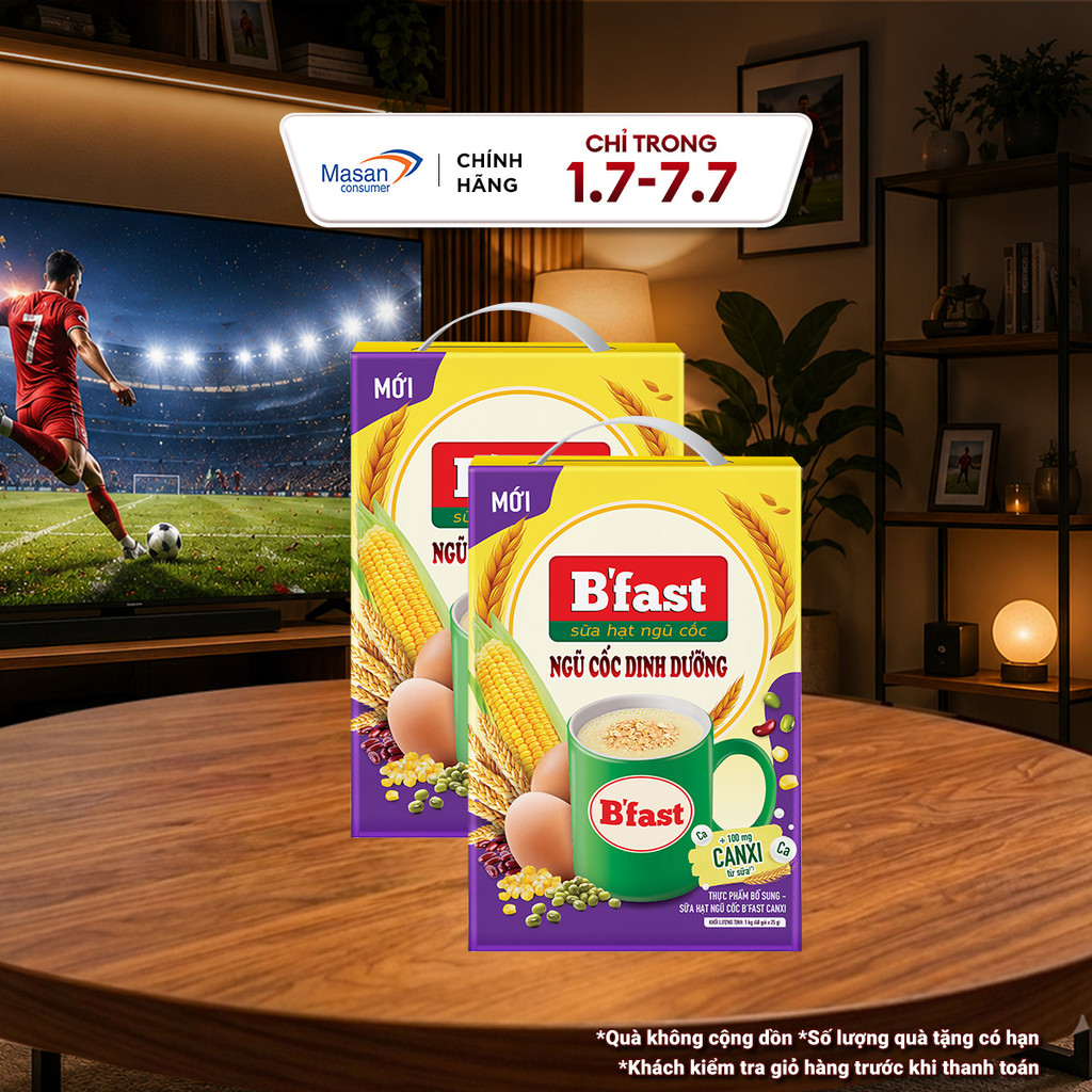 Combo 2 Thực phẩm bổ sung sữa hạt ngũ cốc B'fast Canxi hộp x 40gói x 25gr