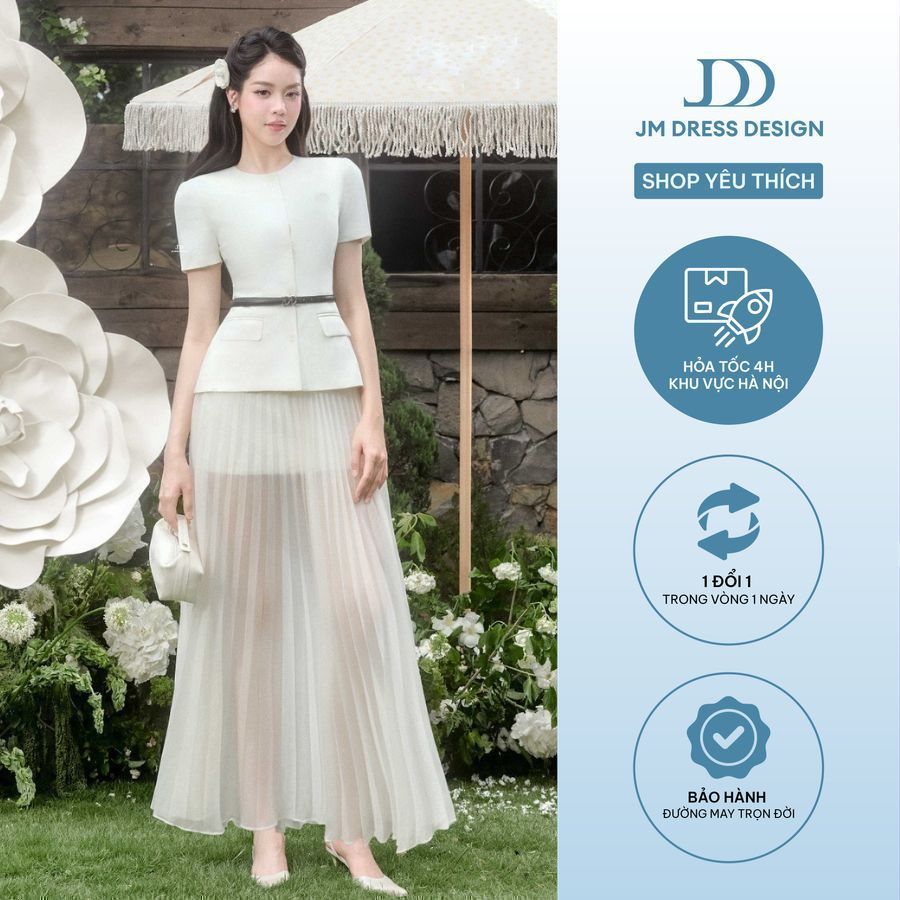 Set áo peplum cổ tròn 2T29.2506K + chân váy sheer dập ly dài 4L05.2506OG, Set đồ công sở tiểu thư tinh tế thiết kế JM