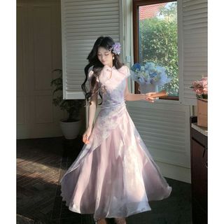 Sườn Xám cao cấp Phong Cách Trung Hoa Mới Cải Tiến,Váy Sườn Xám In Họa Tiết Thanh Lịch Cho Nữ mùa Hè