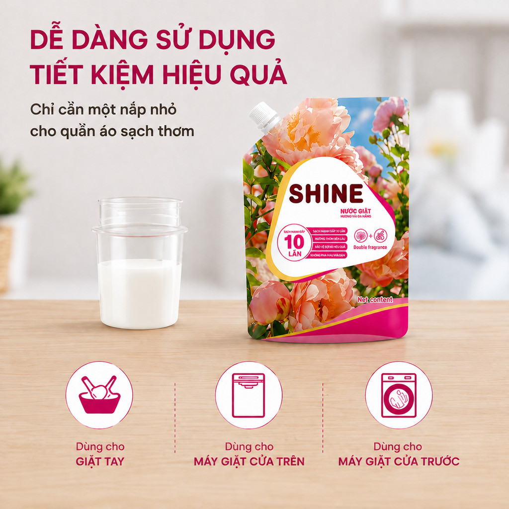 Combo 2 Túi Nước Giặt Xả Đậm Đặc Shine Hương Hoa- Sạch Sâu, Thơm Ngát, Lưu Hương Dài Lâu 96H