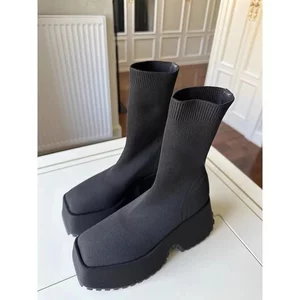 Kích Thước Lớn Dày Gót Dệt Kim Co Giãn Giày Nữ Cao Gót Hai Tay Co Giãn Len Giày Bốt Cotton Size 42 Châu Âu Mỹ Giày Size Lớn 20260616