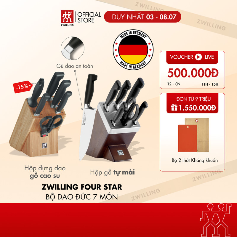 Bộ dao Đức hộp gỗ 7 món ZWILLING Four Star - sản xuất tại Đức, hỗ trợ mài dao trọn đời