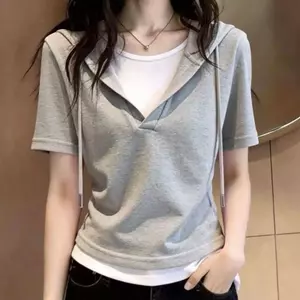 Áo thun ngắn tay có mũ trùm đầu hai mảnh màu tương phản mùa hè màu trơn phong cách phương Tây