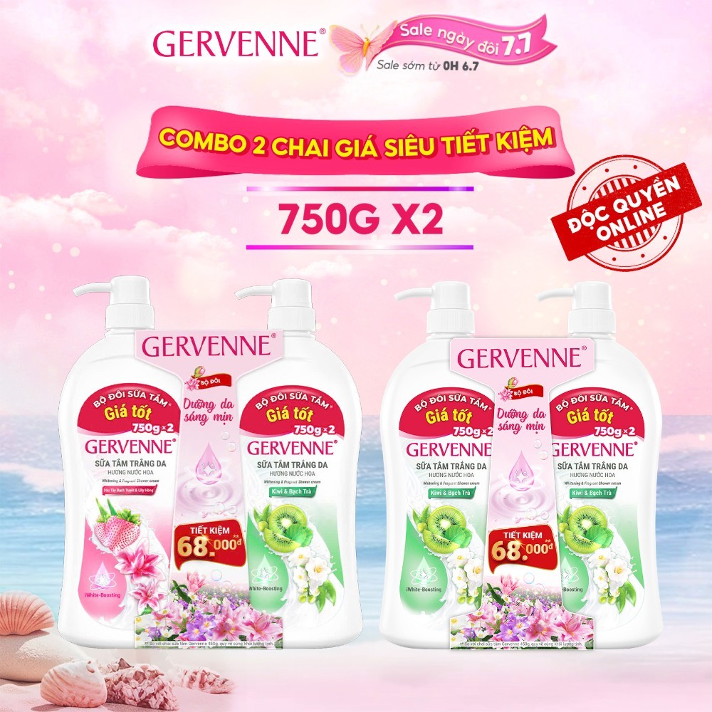 [Combo Tiết Kiệm] Bộ đôi sữa tắm trắng da Gervenne Kiwi Bạch Trà và Dâu Tây Lily Hồng (750g x 2)