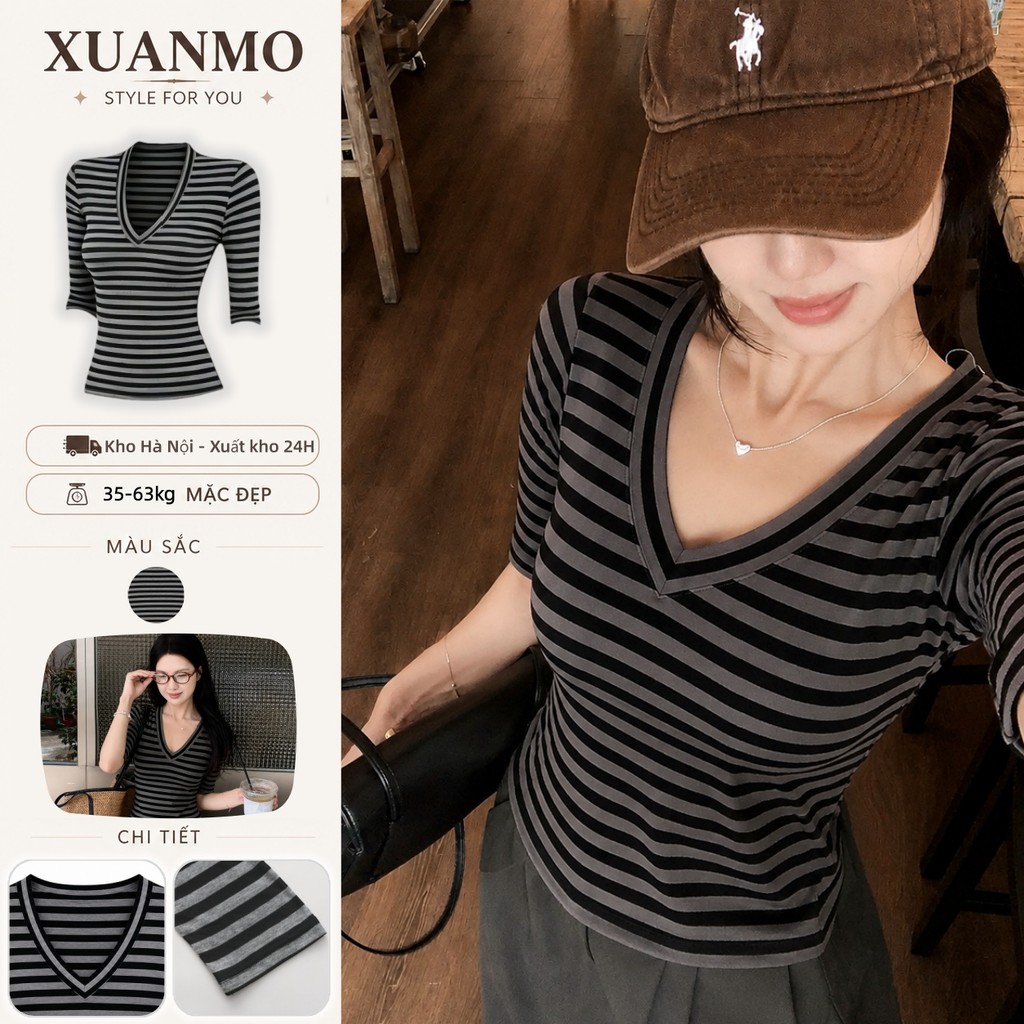 Áo Thun Nữ Vintage Phong Cách Mỹ Cổ V Tay Lỡ Form Ôm Chính Vai Tôn Dáng Mùa Hè
