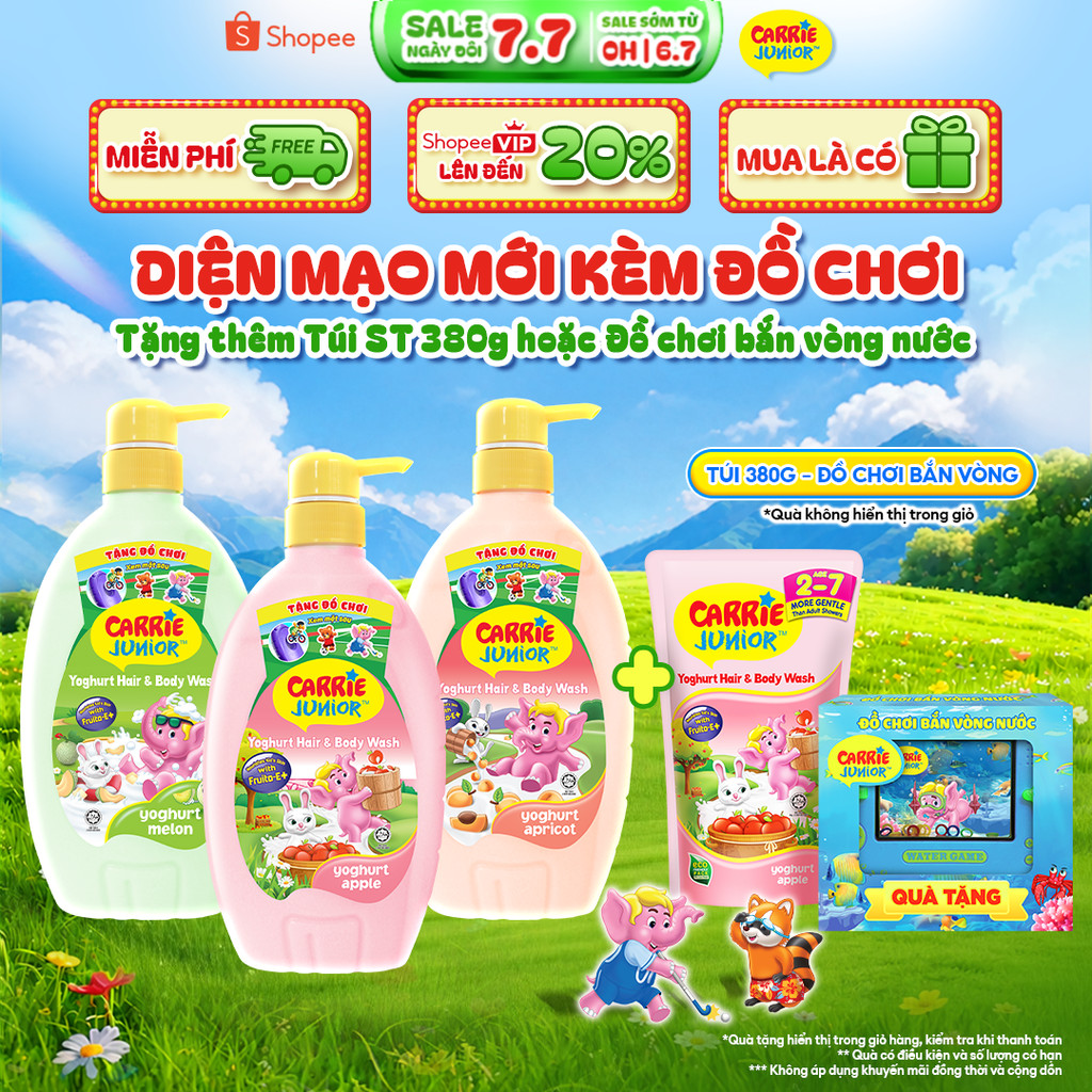 [MỚI-Tặng đồ chơi bắn vòng nước] Chai Sữa Tắm Gội cho bé Carrie Junior Yoghurt hương trái cây 700g (Tặng mùi ngẫu nhiên)