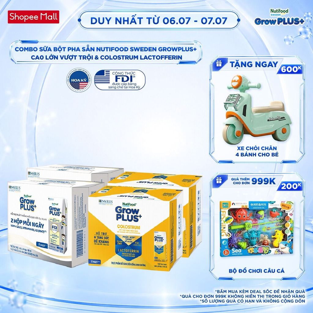 Combo 2 Thùng 24 hộp SBPS GrowPLUS+ Cao lớn vượt trội 180ml + 2 Thùng 24 hộp SBPS GrowPLUS+ Colostrum Lactoferrin 180ml