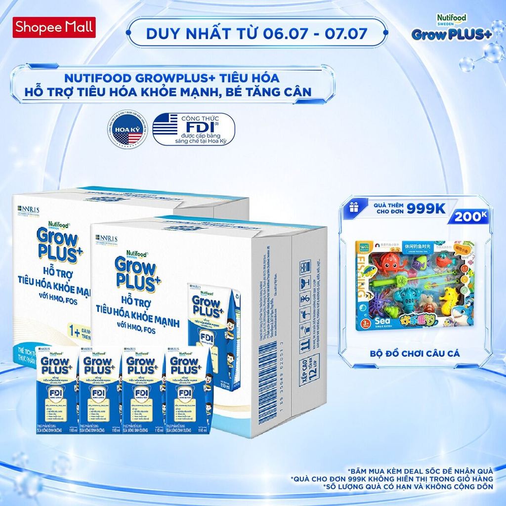 Combo 2 Thùng 24 hộp Sữa bột pha sẵn Nutifood Sweden GrowPLUS+ Tiêu Hóa (Xanh Nhạt) 1+ - Tiêu hóa khỏe, tăng cân 110ml