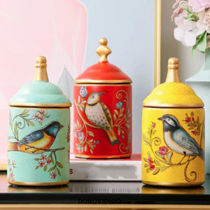 DONOVANQQ Hộp Trà Phong Cách Mộc Mạc Mỹ, Hộp Trà Gốm Chống Ẩm, Hộ Gia Đình Vintage In Chim Nhà Bếp Bảo Quản Quà Tặng