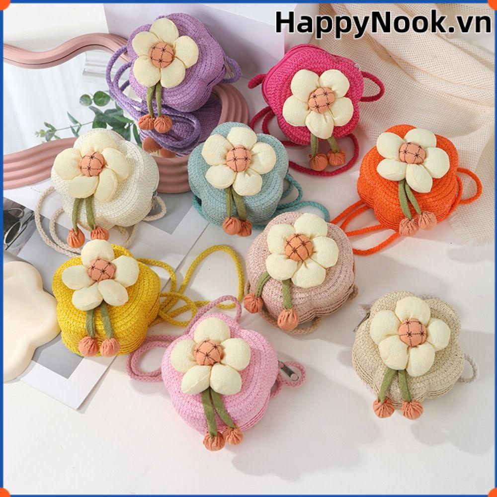 Túi đeo vai HAPPYNOOK, Túi cói hoa rơm, Ví đựng tiền xu dệt dễ thương cho bé gái Trẻ em