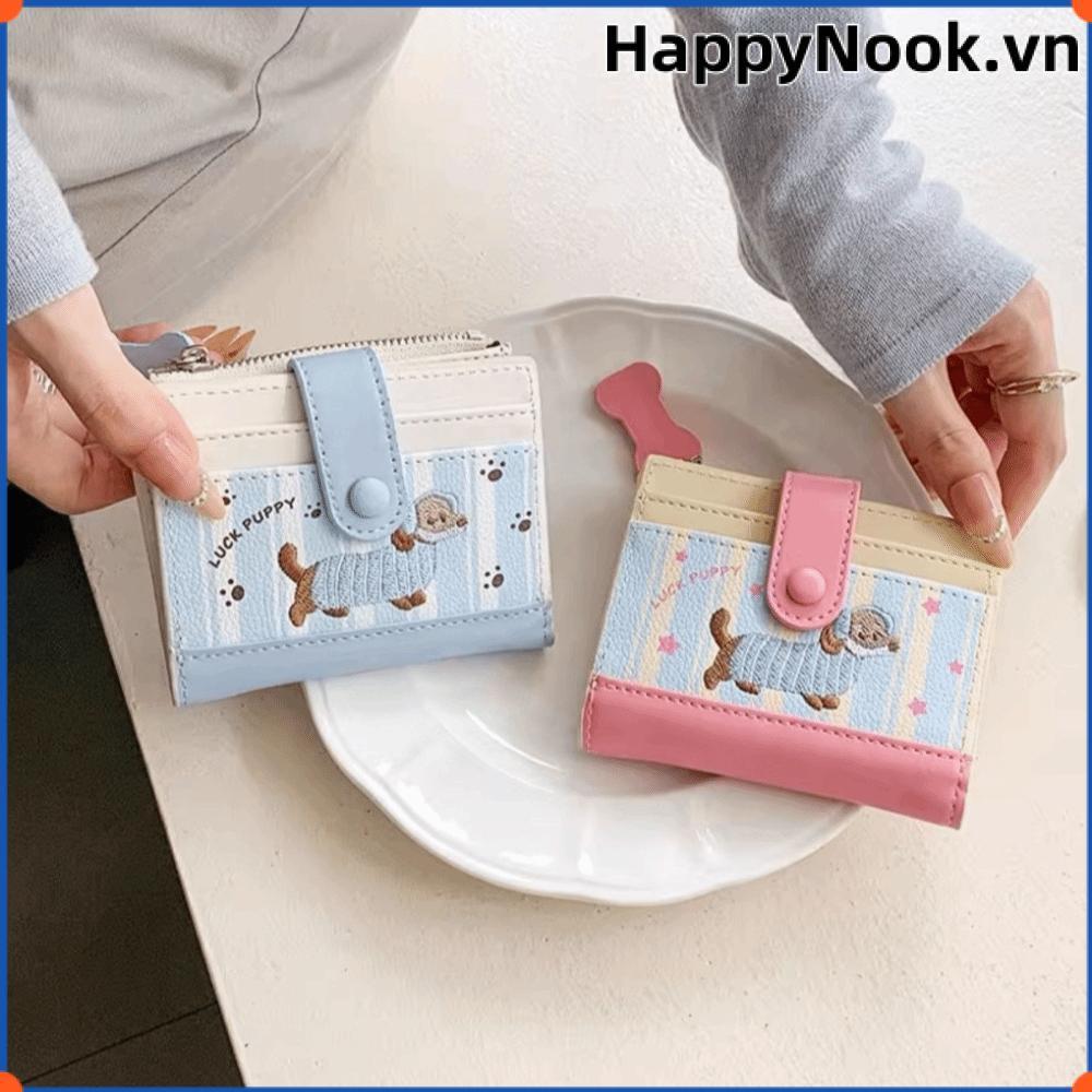 Ví đựng tiền xu HAPPYNOOK, Ví ngắn in hình chó hoạt hình, Túi đựng thẻ màu PU Dopamine dành cho nữ Cô gái