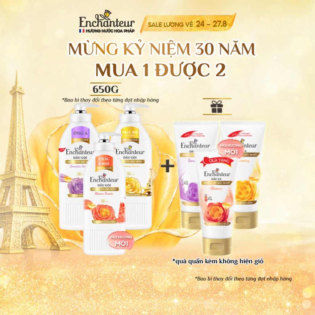 [KỶ NIỆM 30 NĂM – TẶNG XẢ 300G] Dầu Gội Enchanteur 650g Hương Nước Hoa Keratin,Dầu Hạnh Nhân,B5 x2 Phục Hồi Hư Tổn,Óng Ả