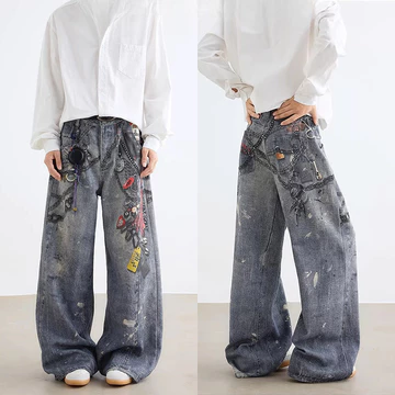 Quần Nam Rời Y2K Quần 3D Số Quần Jean Đường Phố Quần Bông Tai Kẹp Quần Nam Ống Rộng Quần Rời Quần Jean Giặt Thiết Kế Trang Trí Quần Phố Cao Cấp