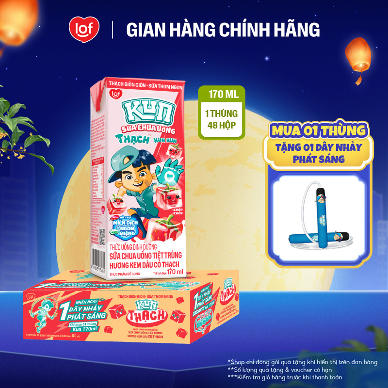 Kun Sữa chua uống hương Kem Dâu có Thạch thùng 48 hộp x 170ml