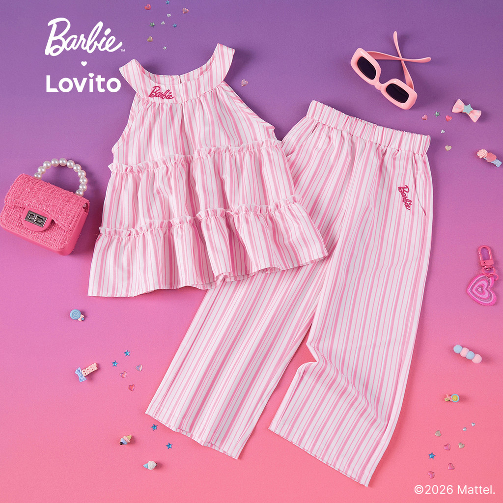 Barbie™ X Lovito Kids Áo Top Bé Gái Hồng Xuân/Hè Không Tay Cổ Dây Chéo Eo Cao Chân Thẳng Thêu Họa Tiết Có Túi LBL5AD034