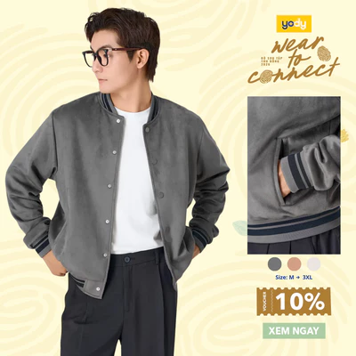 Áo Khoác Da Lộn Nam Bomber Bo Kẻ YODY trẻ trung,  sang trọng, giữ form tốt MCJA25F076