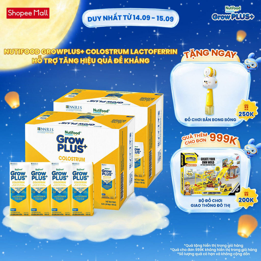 Combo 2 Thùng 24 hộp Sữa bột pha sẵn Nutifood Sweden GrowPLUS+ Colostrum Lactoferrin 180ml