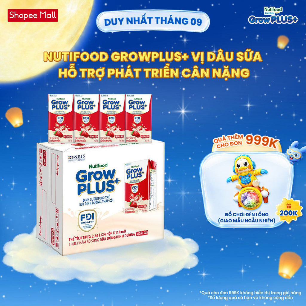 Thùng 24 hộp Sữa bột pha sẵn Nutifood GrowPLUS+ Vị Dâu hộp 110ml - Trên 1 tuổi (24 hộp x 110ml)