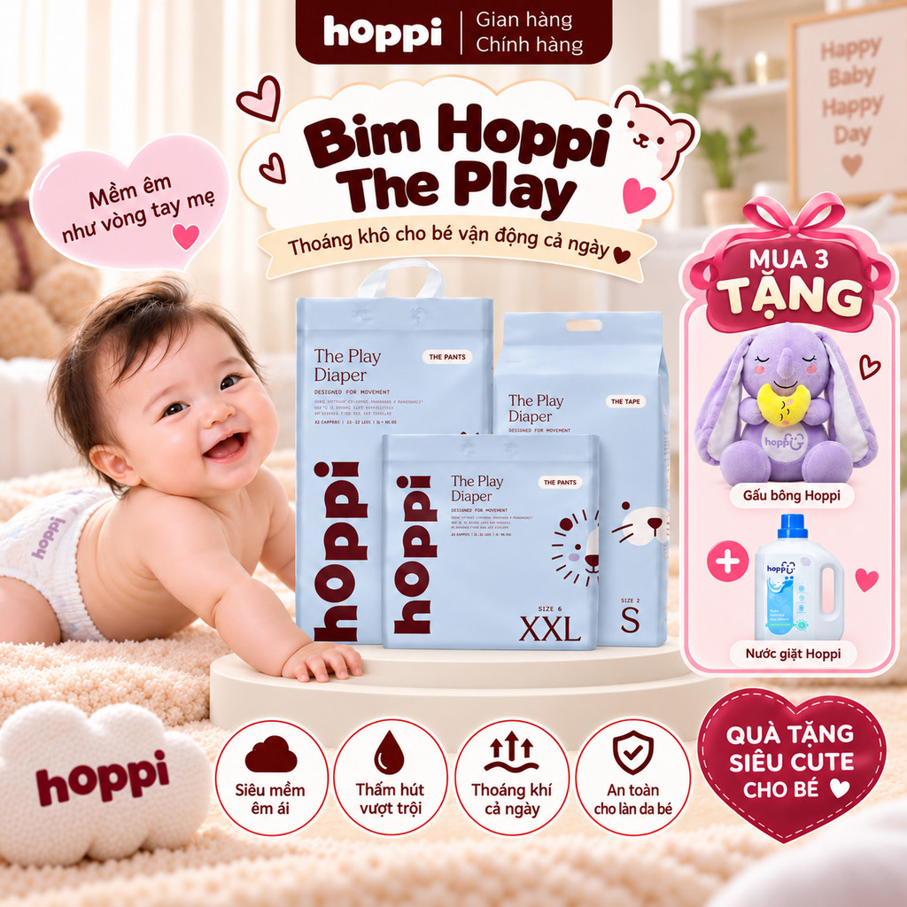 [M03] Tã/Bỉm Hoppi The Play  - Thiết kế siêu co giãn, cho bé tự do vận động ( Đủ các size cho bé)