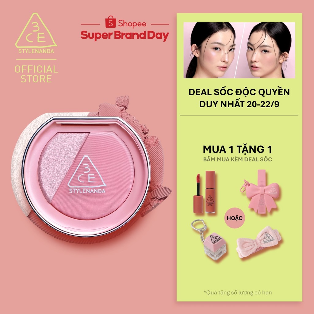 Phấn Má Hồng Bắt Sáng 3CE Blushlighter 2-Trong-1 Đa Năng, Dễ Tán, Tệp Da, Lâu Trôi, Rạng Rỡ Suốt Ngày Dài