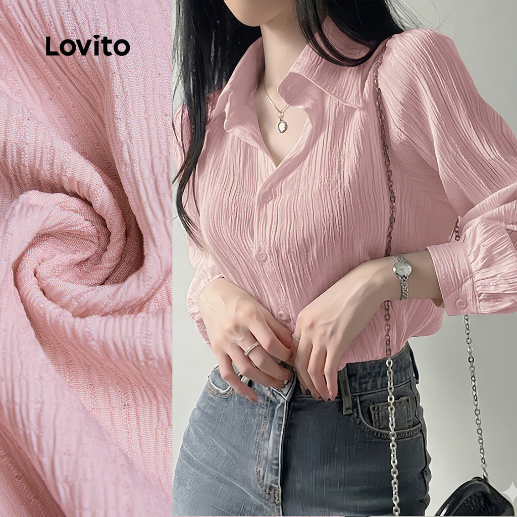 Lovito Áo phong cách thường ngày xếp ly mùa xuân/hè màu hồng cho nữ L195ED110