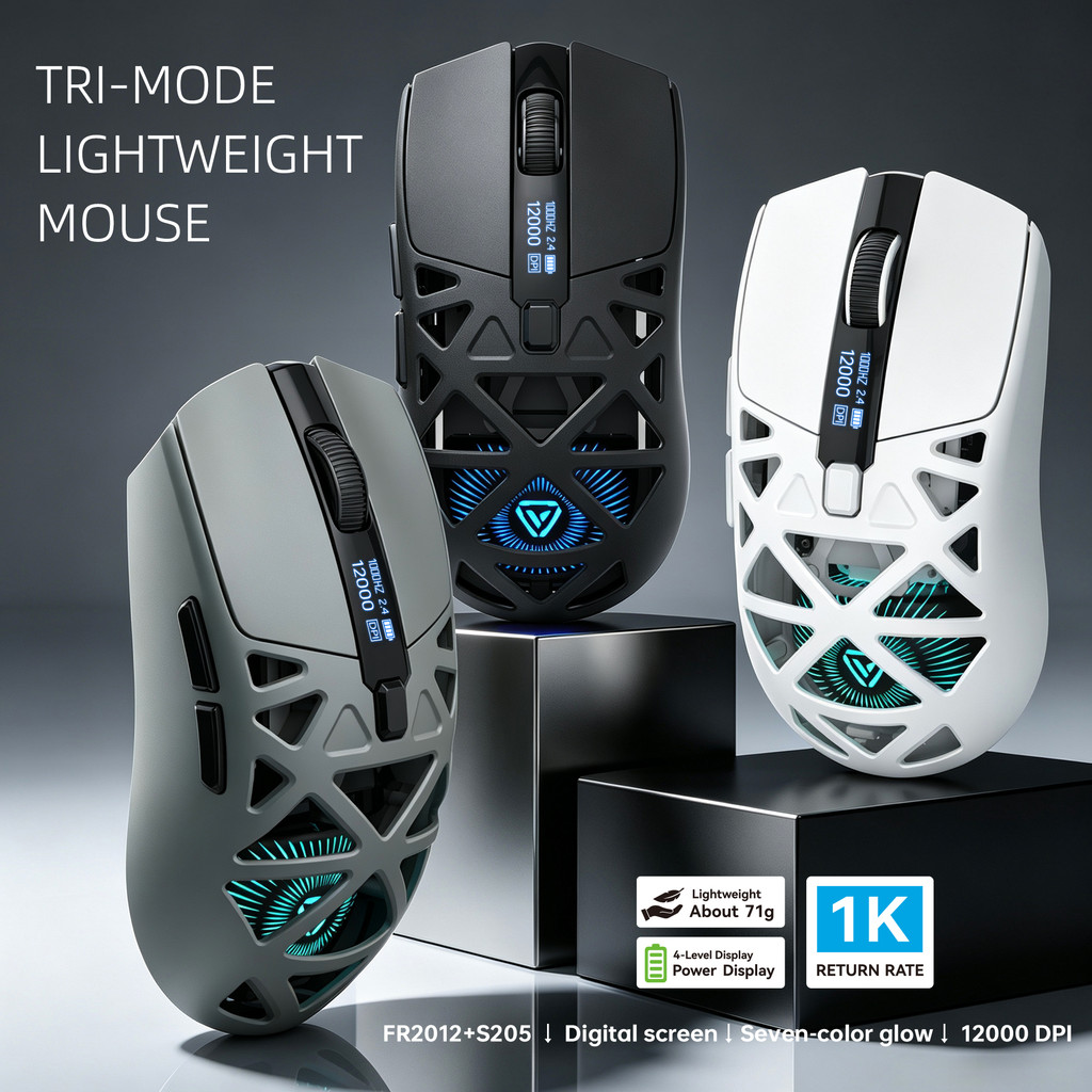 Chuột Không Dây Gaming S205 Siêu Nhẹ 71g Kết Nối 3 Chế Độ Bluetooth 2.4G Có Dây 12000DPI Màn Hình Hiển Thị Pin LED RGB