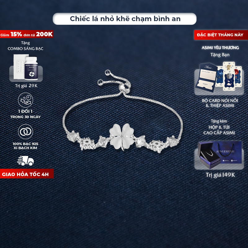 Lắc tay bạc rút cỏ 4 lá Asimi, vòng tay bạc ý S925 nữ xi bạch kim sang trọng Fortune Leaf LT31 - LINK 2