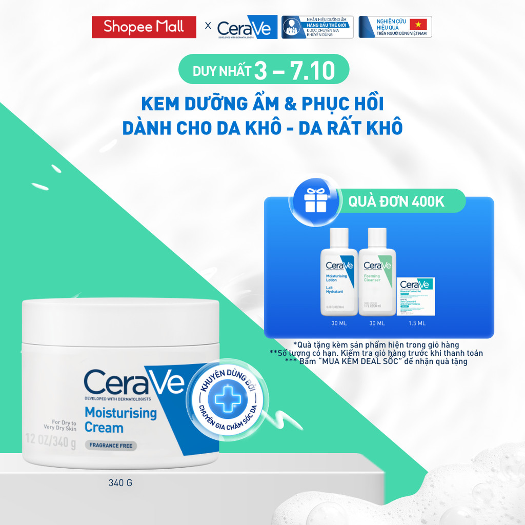 Kem dưỡng ẩm phục hồi sâu và ẩm mịn suốt 48H dành cho da khô, duy trì hàng rào bảo vệ da CERAVE MOISTURISING CREAM 340G