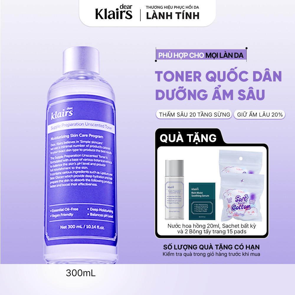 Nước hoa hồng Dear, Klairs Supple Preparation Unscented Toner hỗ trợ cấp ẩm 300ml [FS]