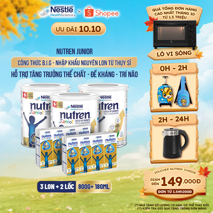 Bộ 3 Sữa Bột NESTLÉ NUTREN JUNIOR Thụy Sĩ Với Công Thức BIG Hỗ Trợ Tăng Trưởng Cho Bé 800G+2 Lốc 4 hộp sữa pha sẵn 180ML