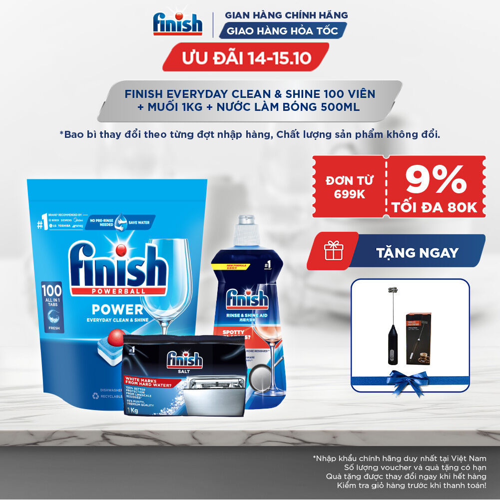 Combo Finish siêu cấp: Everyday Shine & Clean 100v + Nước Làm Bóng Finish 500ml + Muối Rửa Chén Finish Salt túi 1kg
