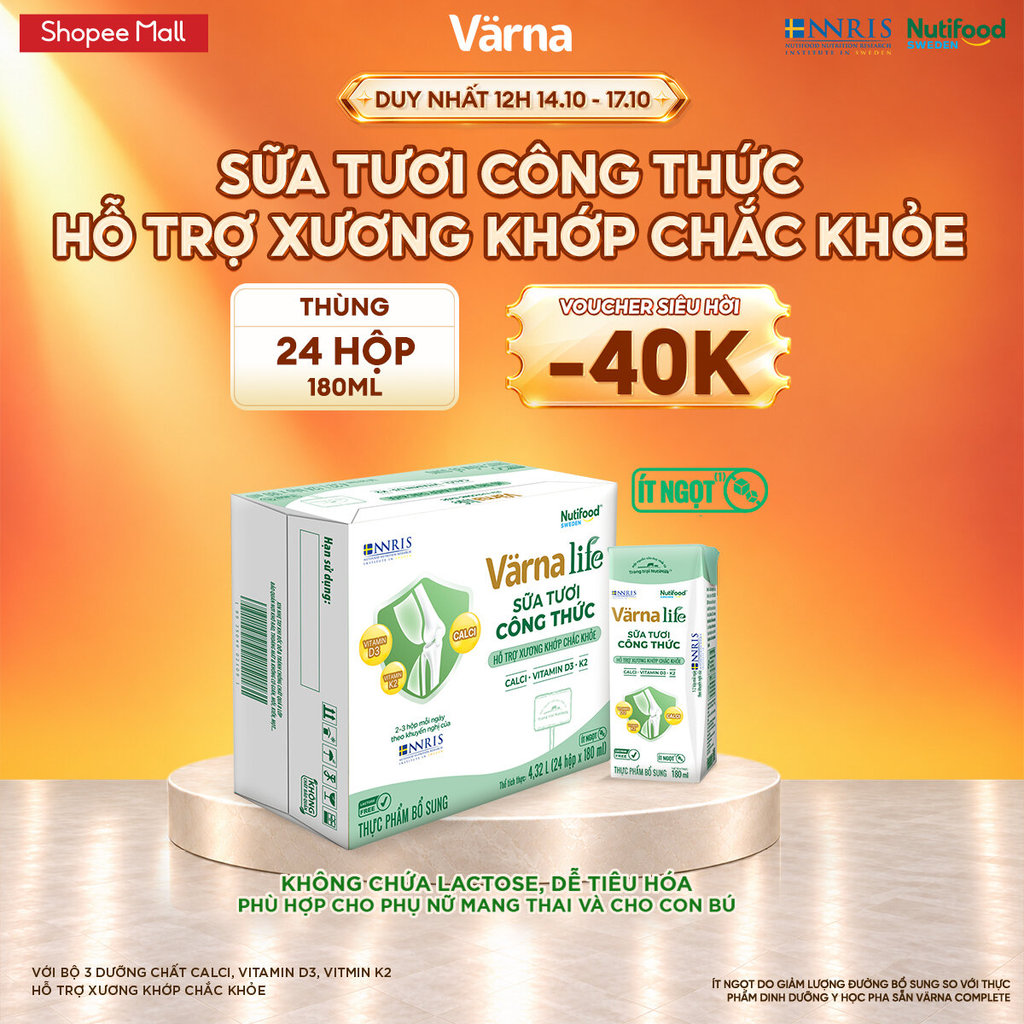 Thùng 24 hộp Varna Life sữa tươi công thức hỗ trợ xương khớp chắc khỏe (Xanh) ( 24 hộp x 180ml)