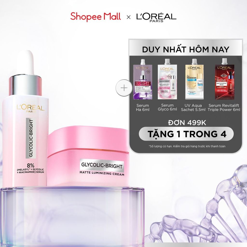 Bộ đôi serum & kem dưỡng sáng da đột phá Melasyl mờ thâm mụn, nám L'Oreal Paris Glycolic Bright 30ml, 50ml